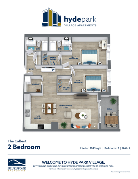 Floor plan for 2 beds, 2 baths, 1043 sqft